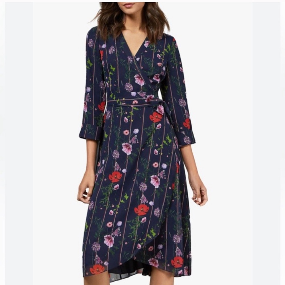 Ted Baker Blue Hedgerow Floral Stripe Wrap Dress,Size 1